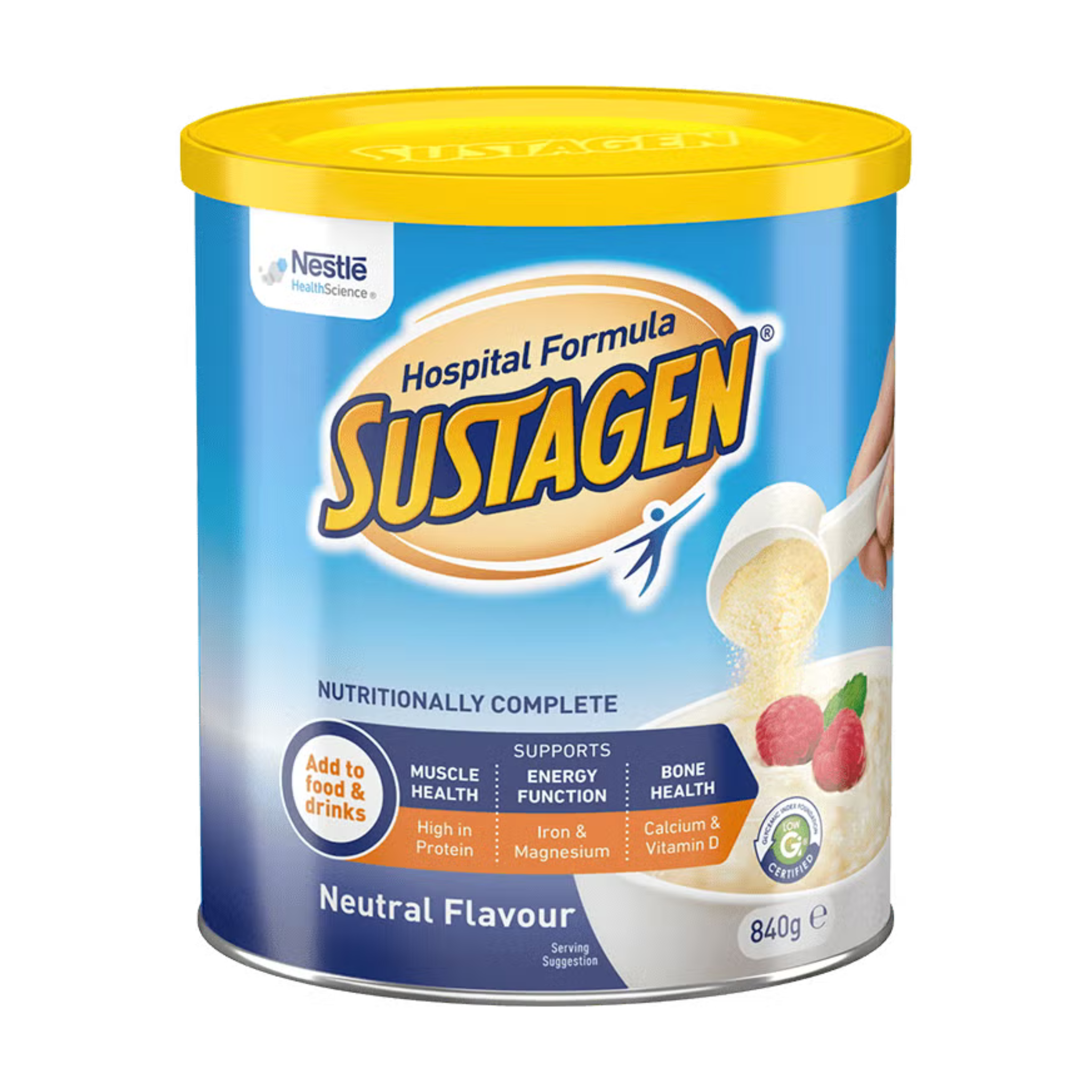 Sustagen Hospital Formula powder canister with Nestle logo on a white background