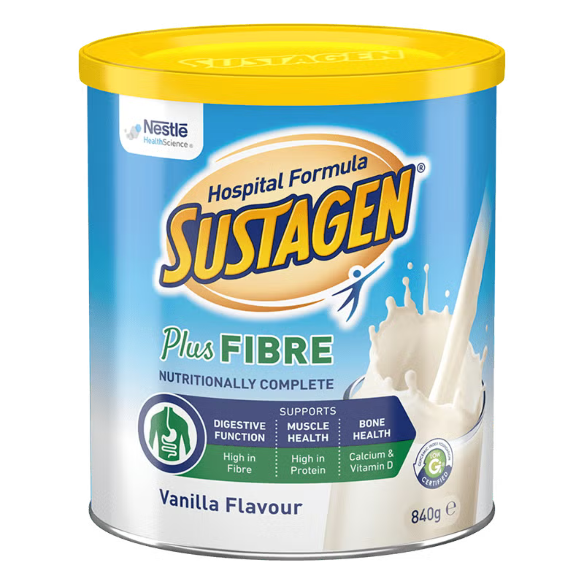 Sustagen Plus Fibre supplement container with yellow lid on a white background