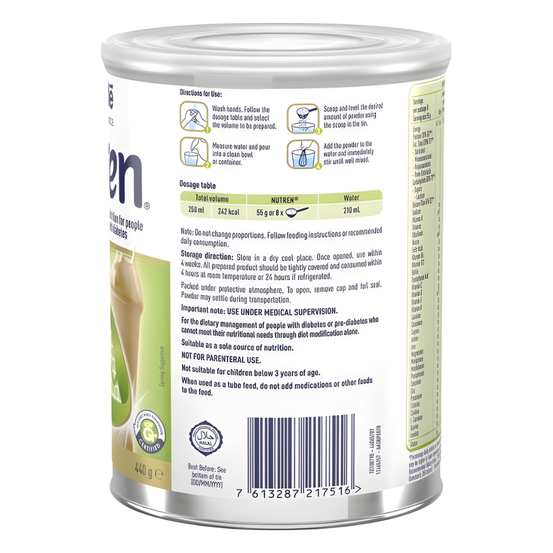 Nutren Diabetes Vanilla 440g low‑GI nutritional powder designed to support stable blood glucose levels and provide balanced daily nutrition for diabetes management.