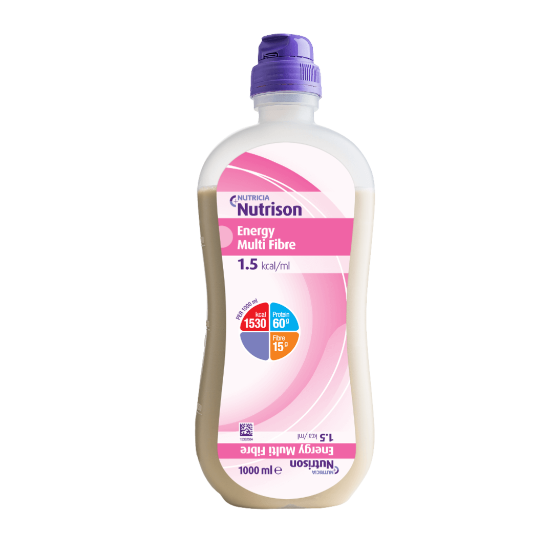 Nutrison Energy Multi Fibre 1000ml EasyPack bottle, high-calorie enteral nutrition with multi-fibre blend for tube feeding in clinical and homecare settings.