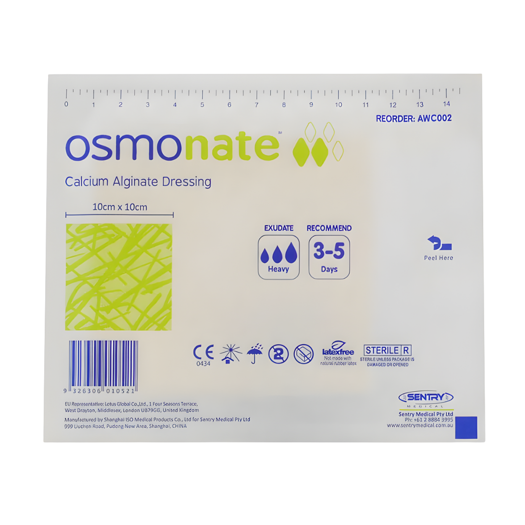 Osmonate Calcium Alginate Dressing absorbs exudate, forms gel, supports moist healing for wounds.