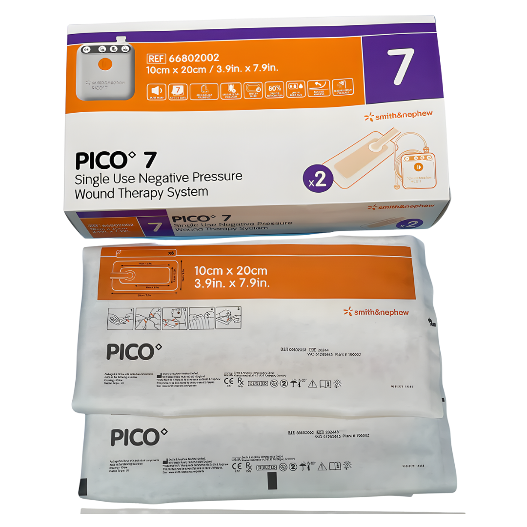 PICO 7 Negative Pressure Wound Therapy system with multiple dressing sizes shown as a portable NPWT solution for effective wound healing and exudate management.