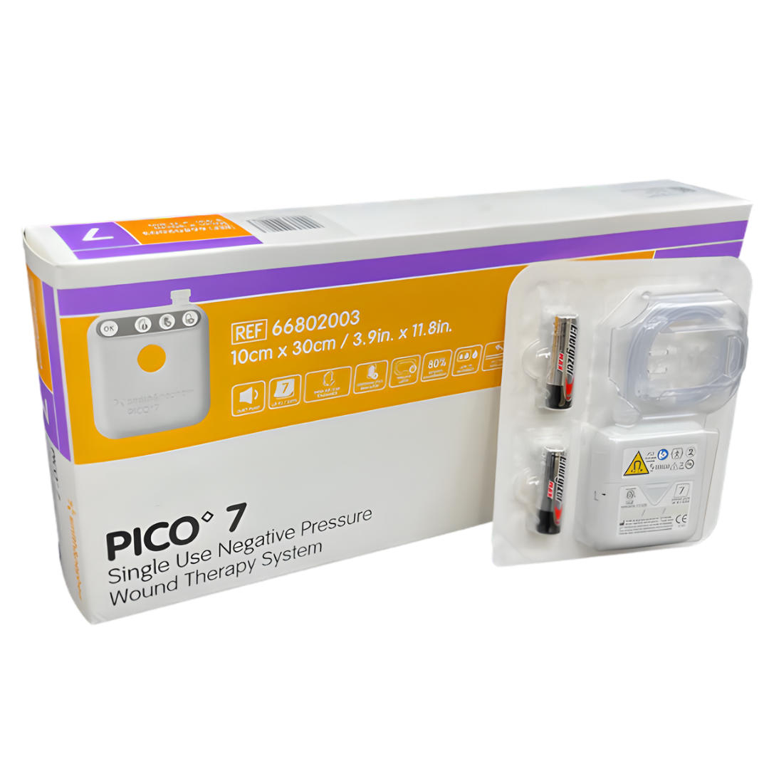 PICO 7 Negative Pressure Wound Therapy system with multiple dressing sizes shown as a portable NPWT solution for effective wound healing and exudate management.