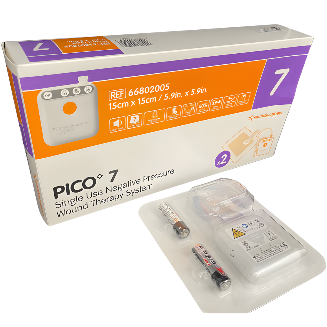 PICO 7 Negative Pressure Wound Therapy system with multiple dressing sizes shown as a portable NPWT solution for effective wound healing and exudate management.