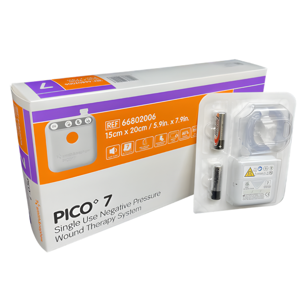 PICO 7 Negative Pressure Wound Therapy system with multiple dressing sizes shown as a portable NPWT solution for effective wound healing and exudate management.