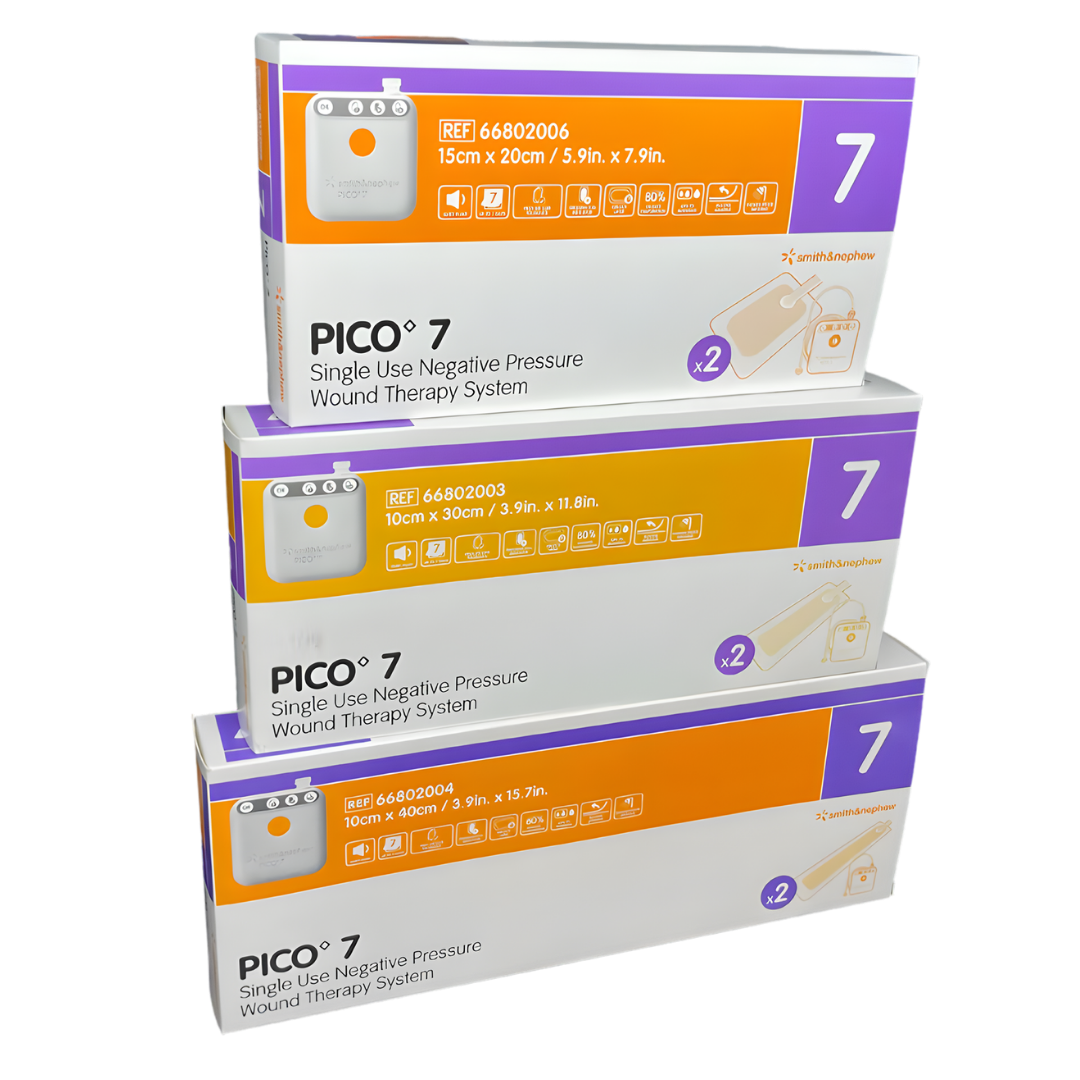 PICO 7 Negative Pressure Wound Therapy system with multiple dressing sizes shown as a portable NPWT solution for effective wound healing and exudate management.