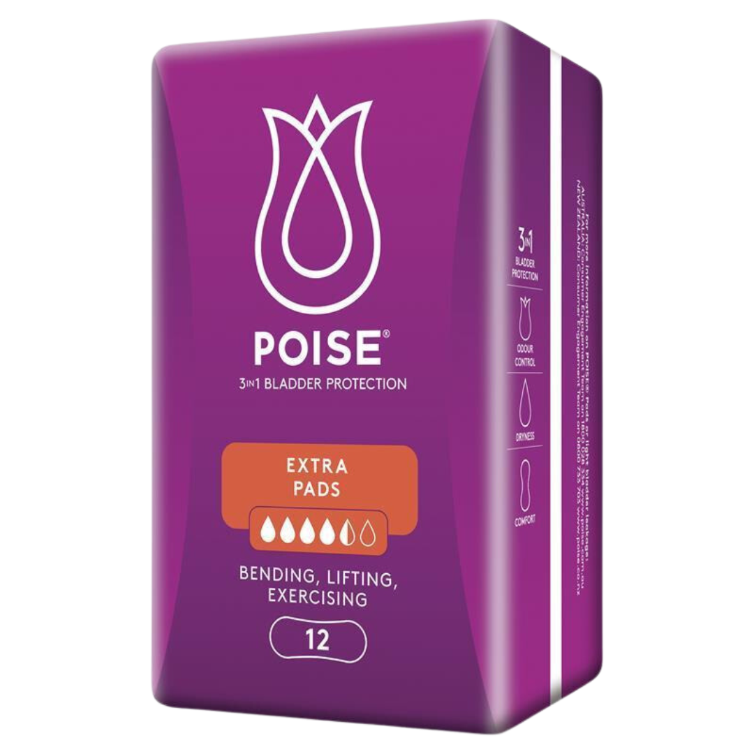 A pack of Poise Extra Pads with a purple and white color scheme, featuring product information and branding.