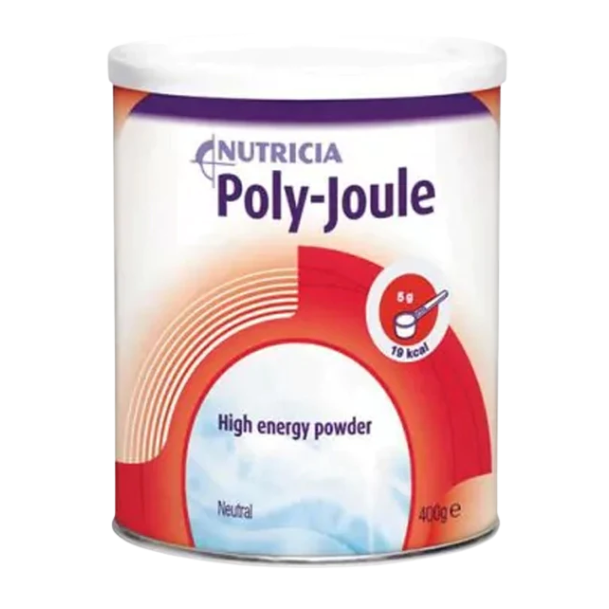 A canister of Poly-Joule neutral powder by Nutricia, designed as a high energy carbohydrate supplement.