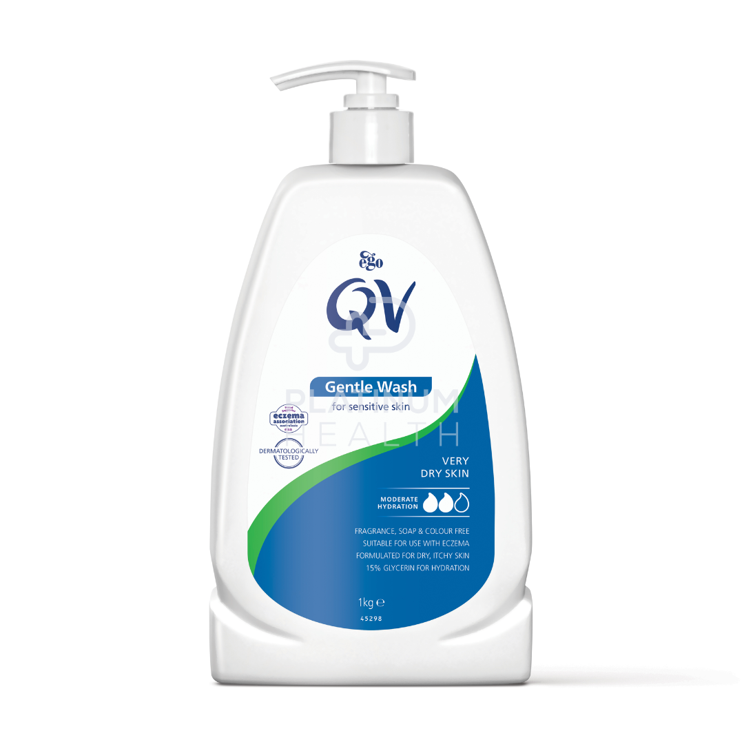 QV Gentle Wash 1kg Bottle - Soap-free cleanser for sensitive skin, perfect for the whole family. Dermatologically tested and pH balanced for everyday use.