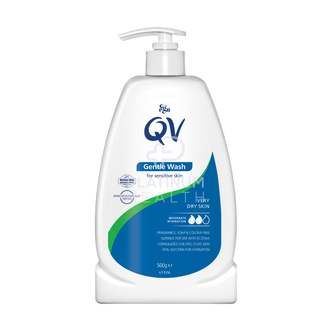 QV Gentle Wash 500g Bottle - Soap-free, pH-balanced cleanser for sensitive skin. Dermatologist-recommended for dry skin, eczema, and everyday skincare.
