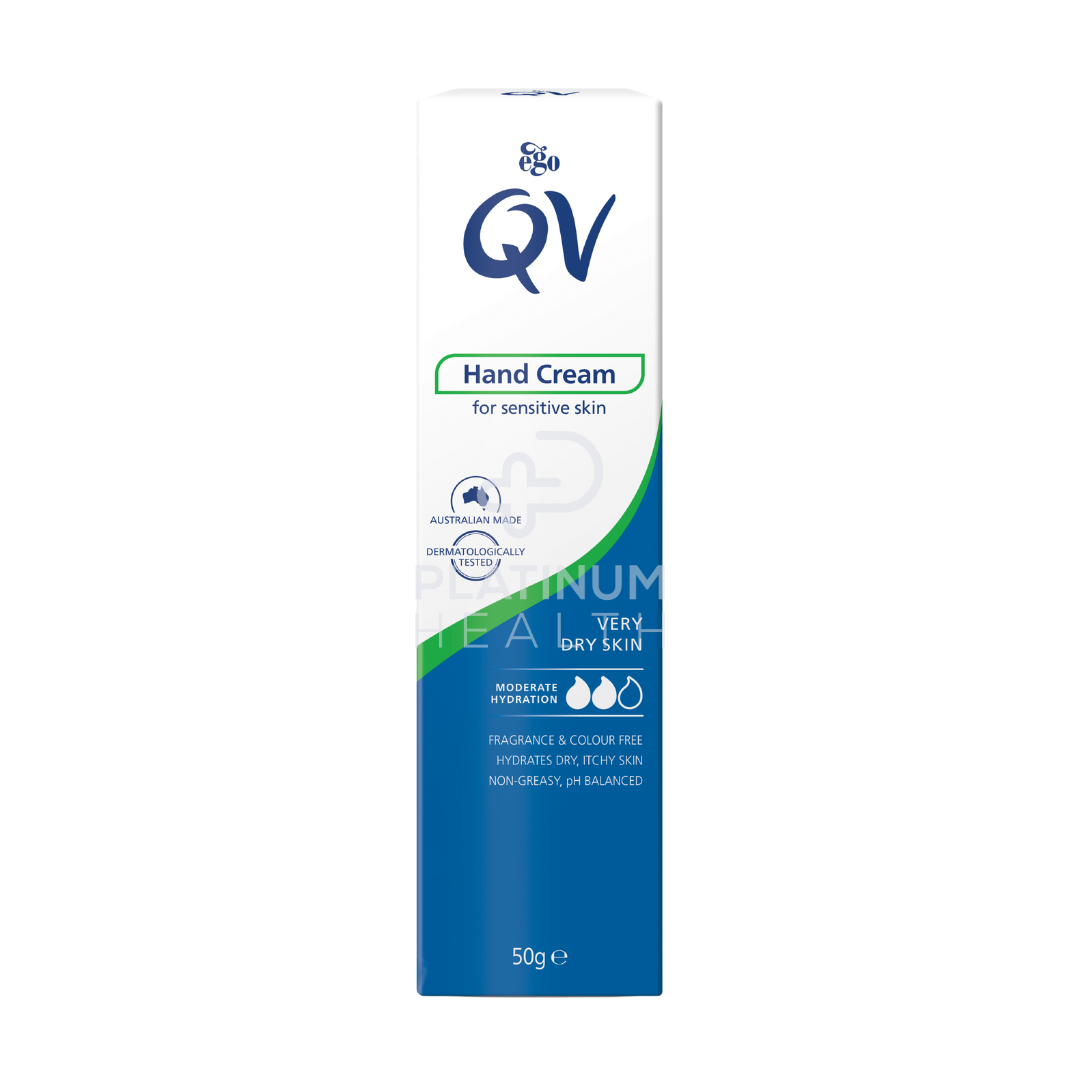 QV Hand Cream 50g Tube - Hydrating, non-greasy, dermatologist-recommended for sensitive skin. Provides long-lasting moisture for soft and smooth hands.