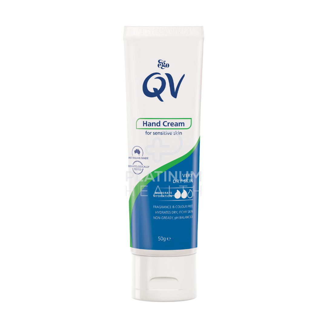 QV Hand Cream 50g Tube - Hydrating, non-greasy, dermatologist-recommended for sensitive skin. Provides long-lasting moisture for soft and smooth hands.