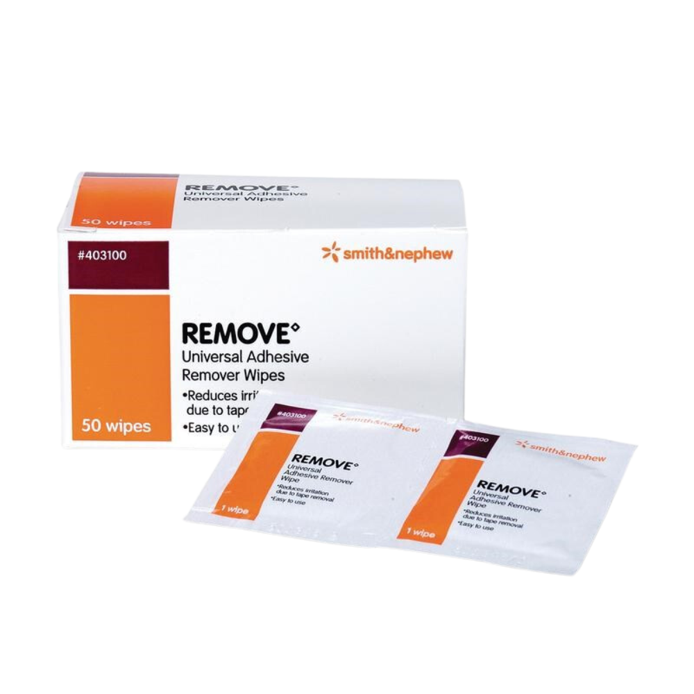Packaging of Smith & Nephew Adhesive Remover Wipes with the product visible, showing a box and a packet of wipes.