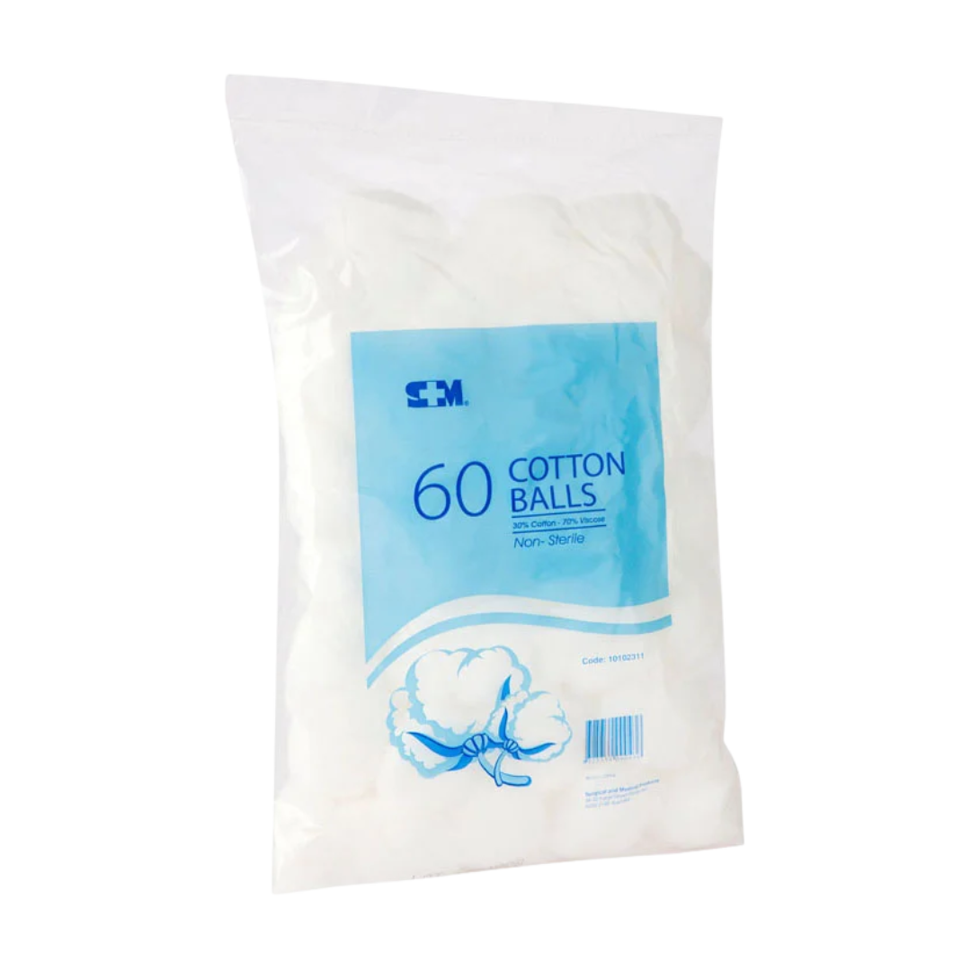 S+M Cotton Balls 60 pieces, non-sterile, 30% cotton and 70% viscose, in white packaging with blue label.
