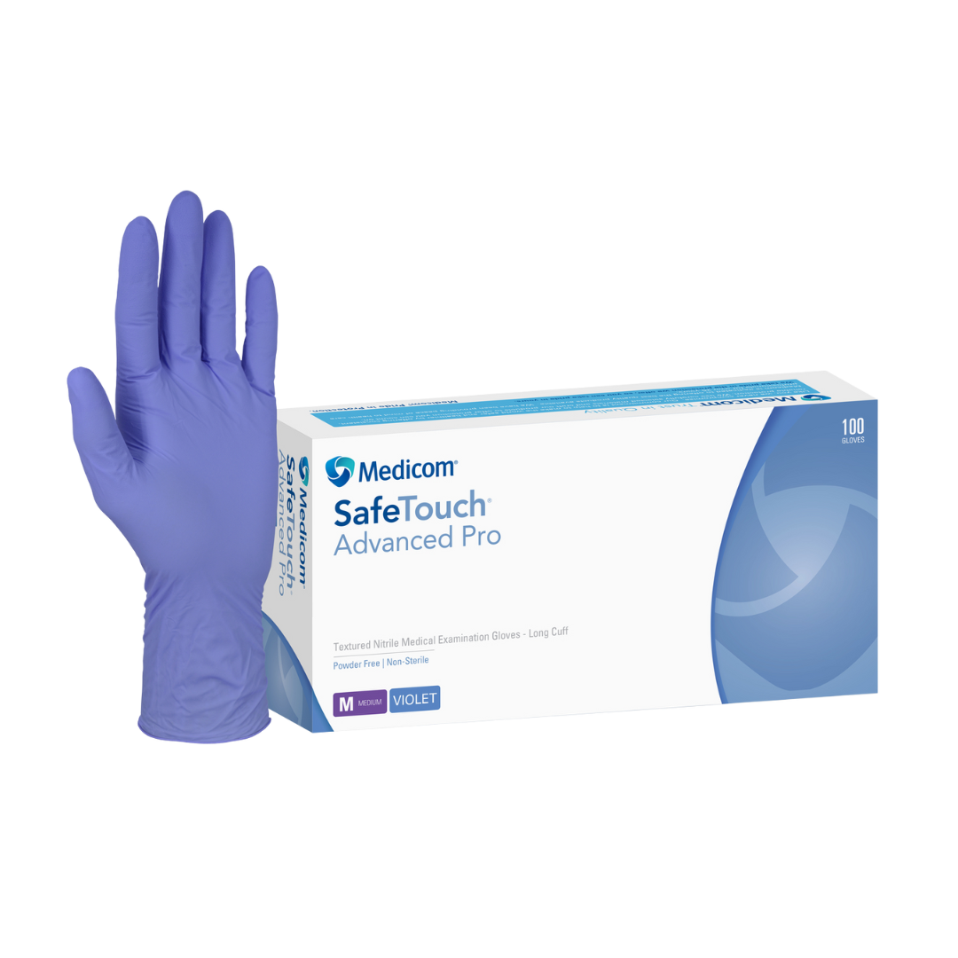 Box of SafeTouch Advanced Pro Long Cuff Violet Nitrile Gloves – powder-free, chemo-rated, and latex-free for medical and industrial protection.