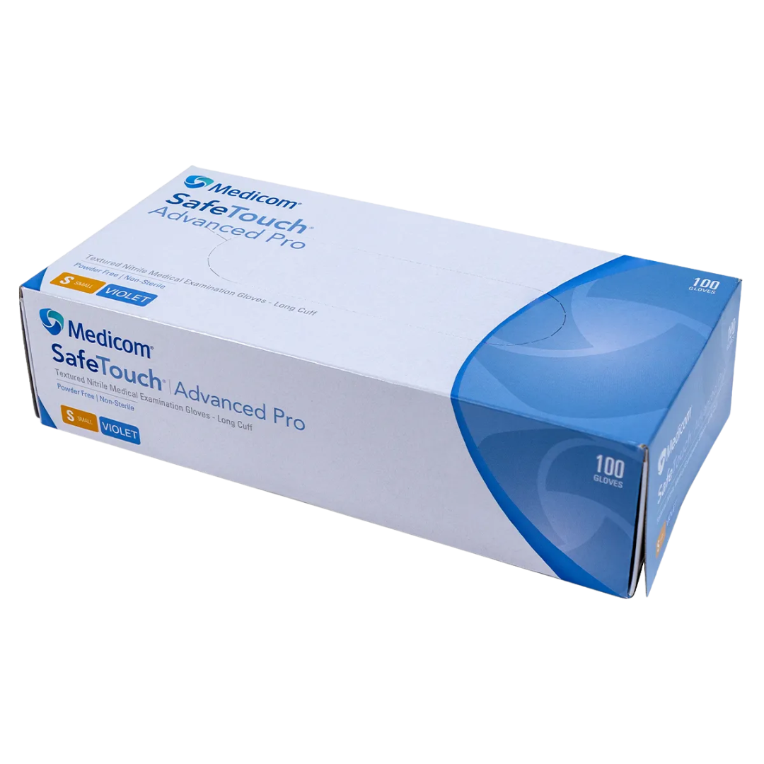 Box of SafeTouch Advanced Pro Long Cuff Violet Nitrile Gloves – powder-free, chemo-rated, and latex-free for medical and industrial protection.