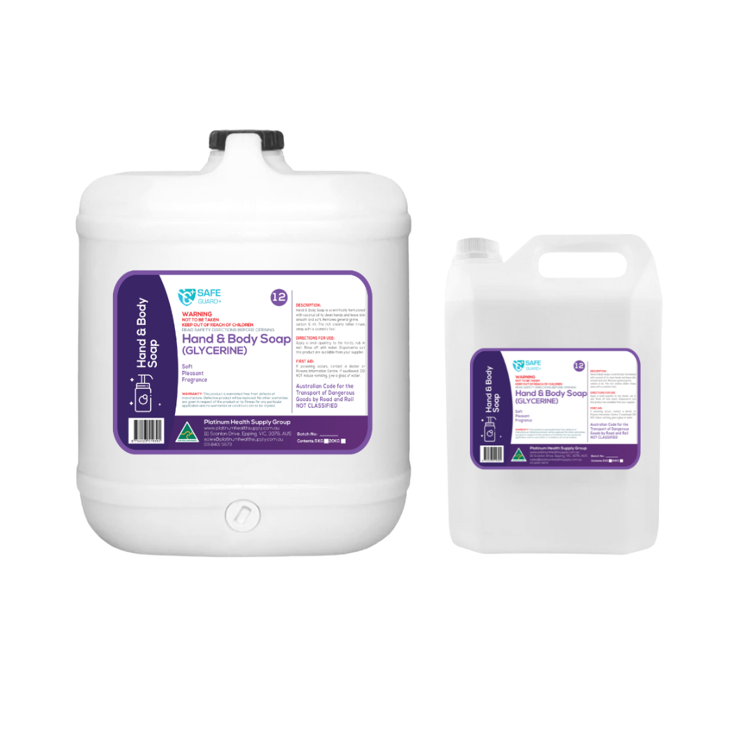 Bottle of SafeGuard+ Hand & Body Soap (Glycerine), formulated with moisturising glycerine for gentle, everyday cleansing in clinical, commercial, or home environments.