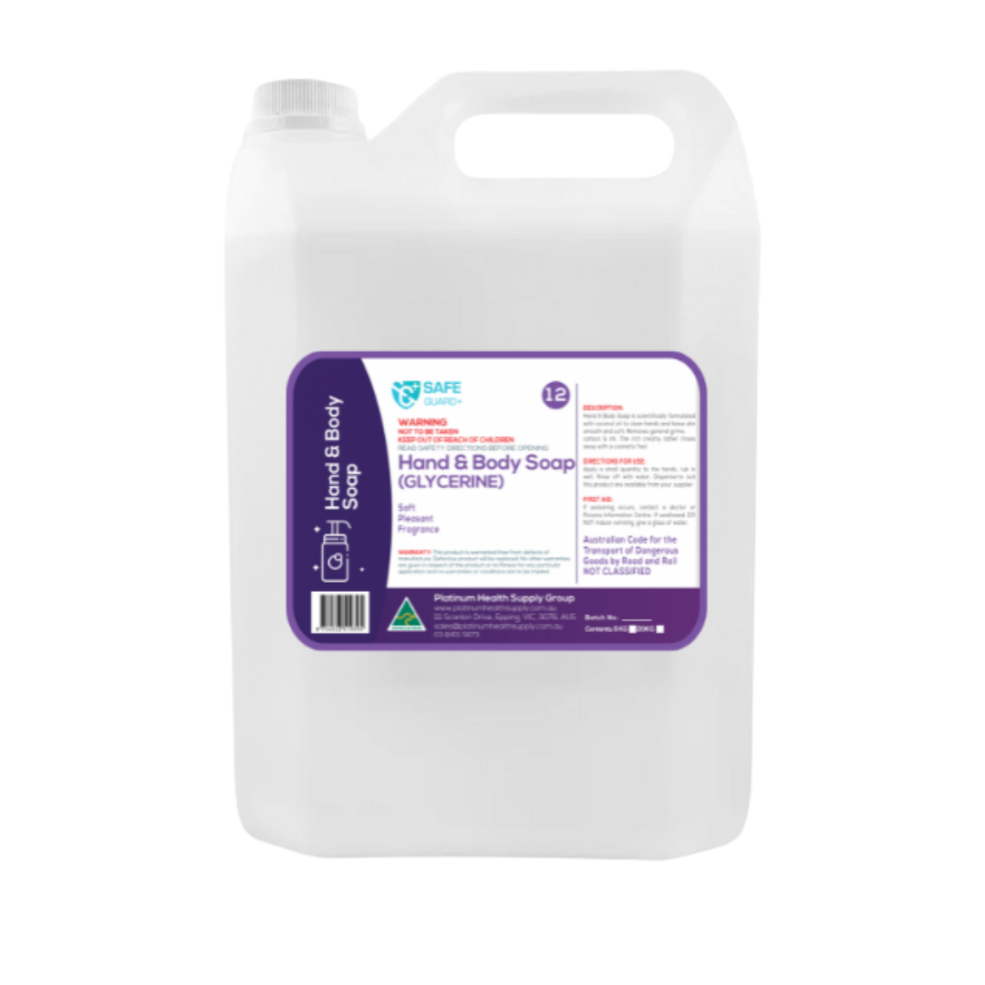 Bottle of SafeGuard+ Hand & Body Soap (Glycerine), formulated with moisturising glycerine for gentle, everyday cleansing in clinical, commercial, or home environments.