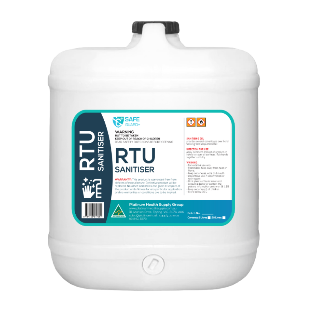 Bottle of SafeGuard+ RTU Sanitiser with trigger spray, designed for quick, no-rinse surface sanitising in food prep, clinical, and commercial cleaning settings.