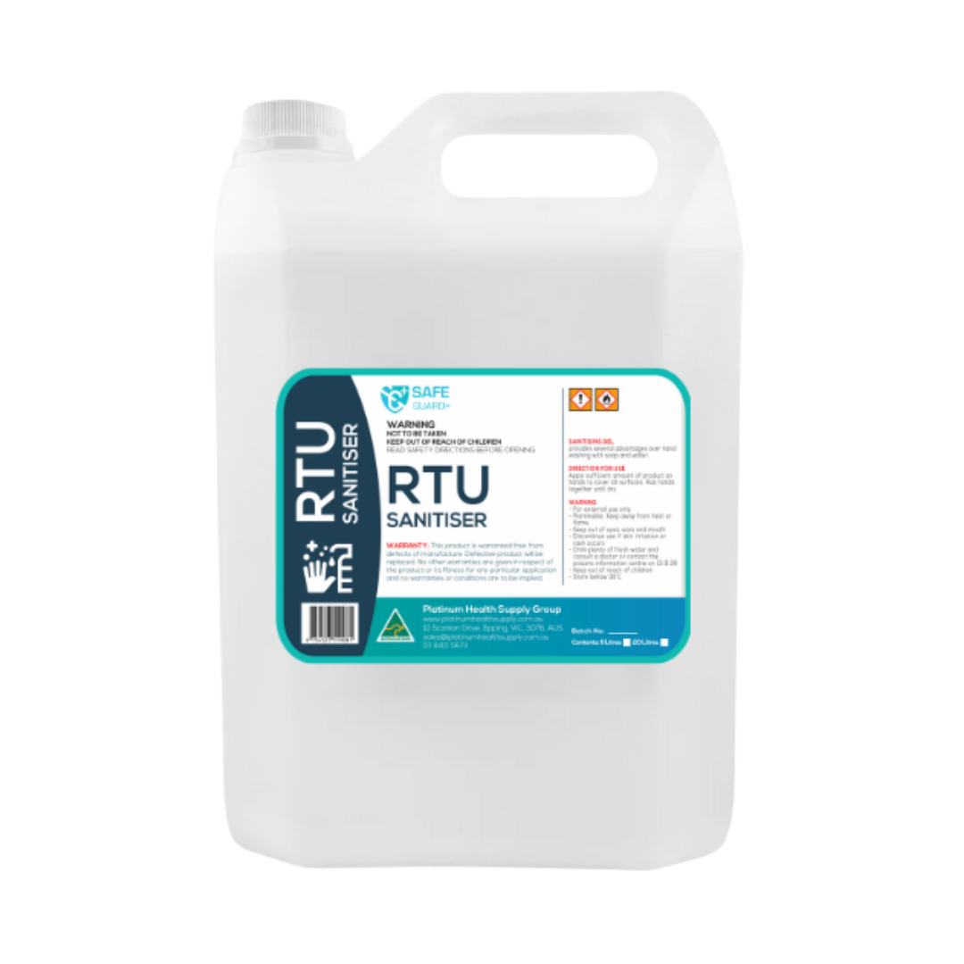 Bottle of SafeGuard+ RTU Sanitiser with trigger spray, designed for quick, no-rinse surface sanitising in food prep, clinical, and commercial cleaning settings.