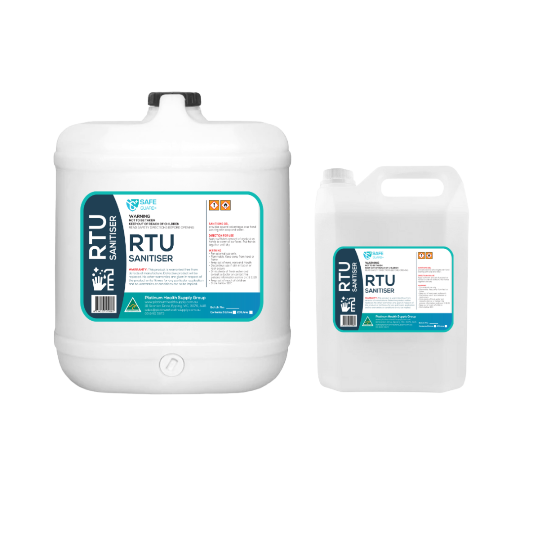 Bottle of SafeGuard+ RTU Sanitiser with trigger spray, designed for quick, no-rinse surface sanitising in food prep, clinical, and commercial cleaning settings.