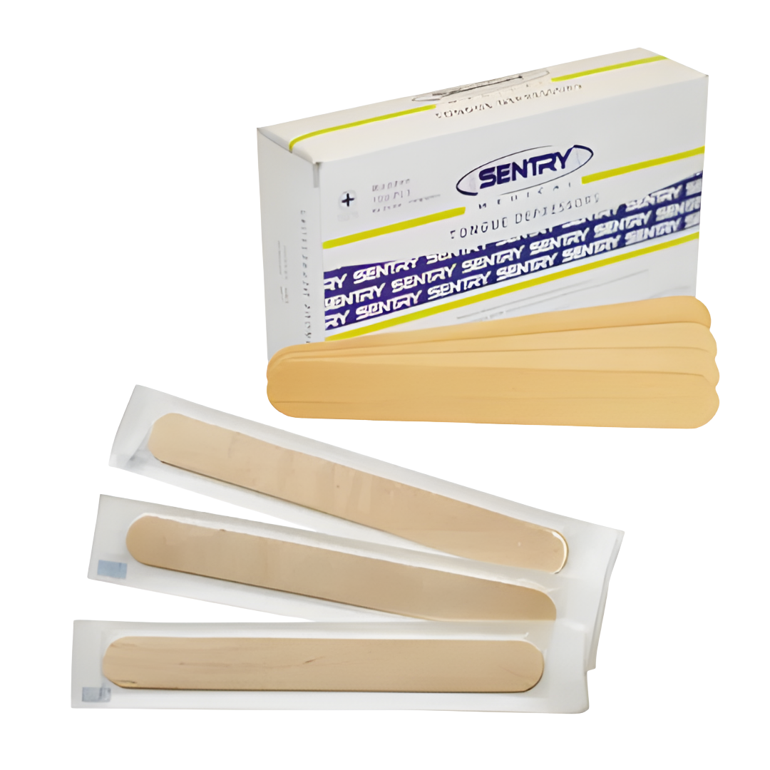 Box of Sentry Tongue Depressors made from smooth, medical-grade wood, designed for single-use oral exams in clinical and general practice settings.