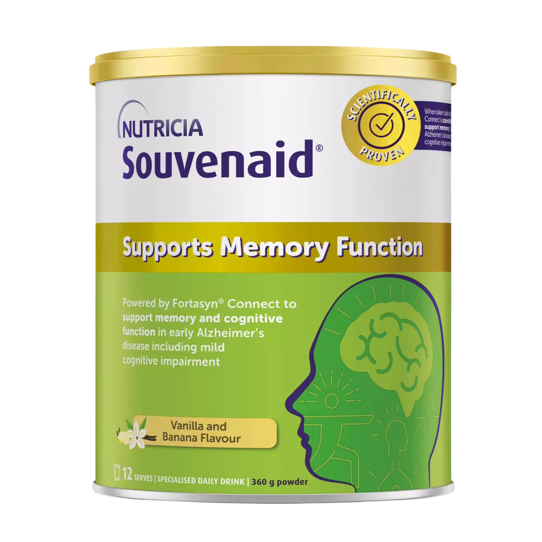 Nutricia Souvenaid 360g powdered nutritional drink in vanilla and banana flavor, formulated with Fortasyn Connect to support memory function and cognitive health in early Alzheimer's and mild cognitive impairment. The can features a gold lid, green and white packaging, and scientifically proven claims for brain support.