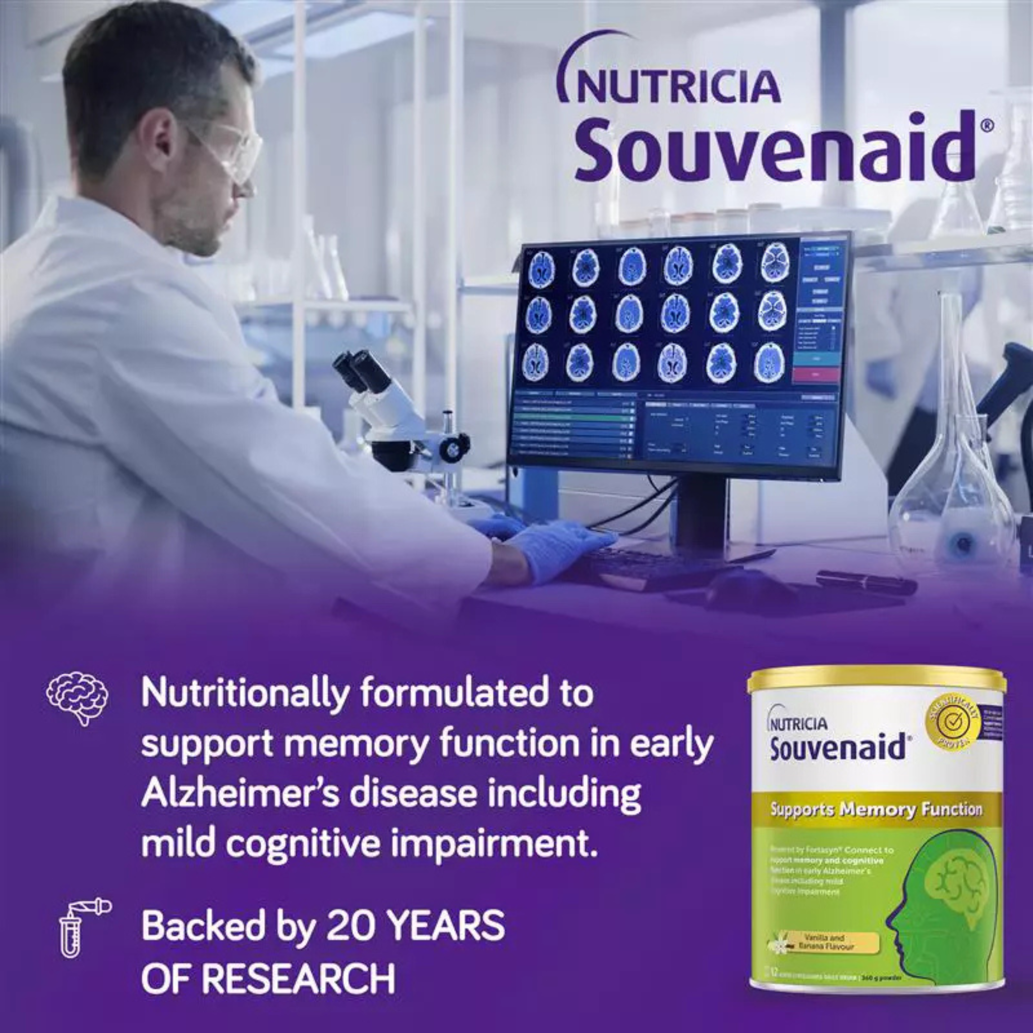 Nutricia Souvenaid 360g powdered nutritional drink banner, formulated with Fortasyn Connect to support memory function and cognitive health in early Alzheimer's and mild cognitive impairment. The can features a gold lid, green and white packaging, and scientifically proven claims for brain support.