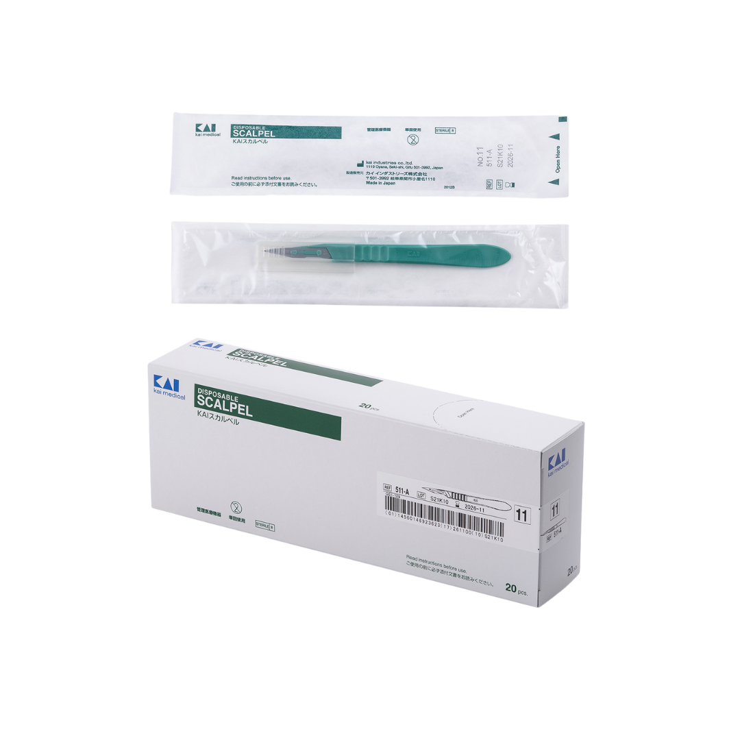 Individually packed sterile disposable scalpel with green handle and sharp blade. Includes box packaging for bulk medical use in hospitals and clinics.