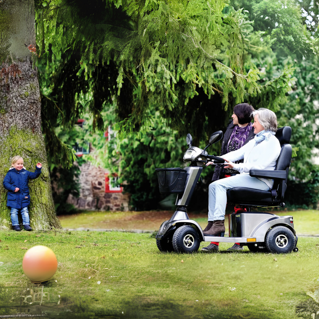 Sunrise Medical Sterling S425 Electric Mobility Scooter in black with all-terrain tyres and adjustable seat