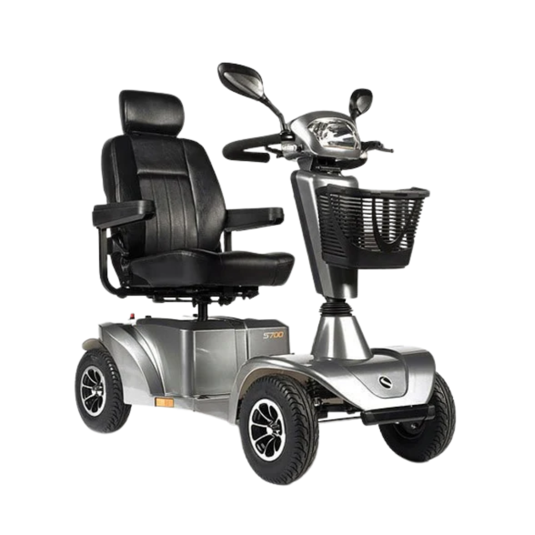 Sunrise Medical Sterling S700 Mobility Scooter in Silver with full suspension and large wheels for rugged outdoor use.