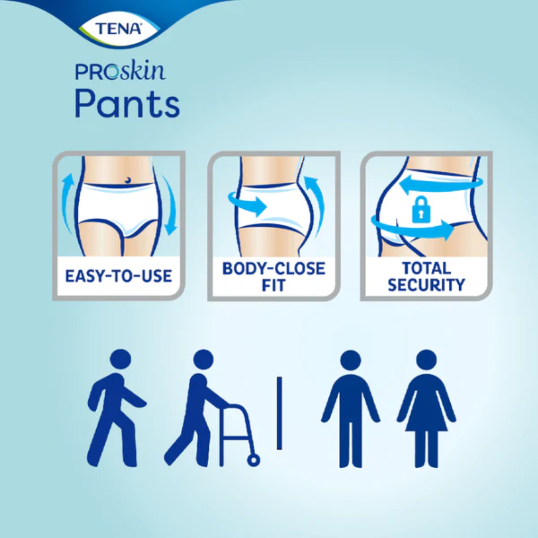 TENA Pants ProSkin Maxi Medium disposable incontinence underwear for 80–110cm waist, featuring breathable fabric and high absorbency for day or night protection.