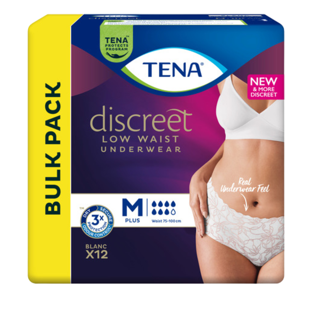 TENA Discreet Low Waist Medium Pants – low-rise, absorbent incontinence underwear with a feminine fit and soft, breathable fabric.