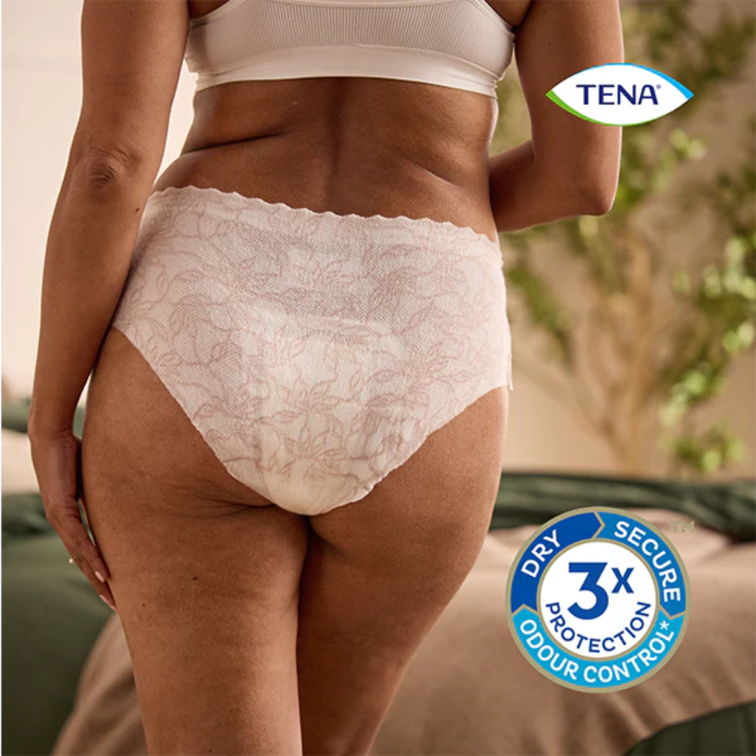 TENA Discreet Low Waist Medium Pants – low-rise, absorbent incontinence underwear with a feminine fit and soft, breathable fabric.