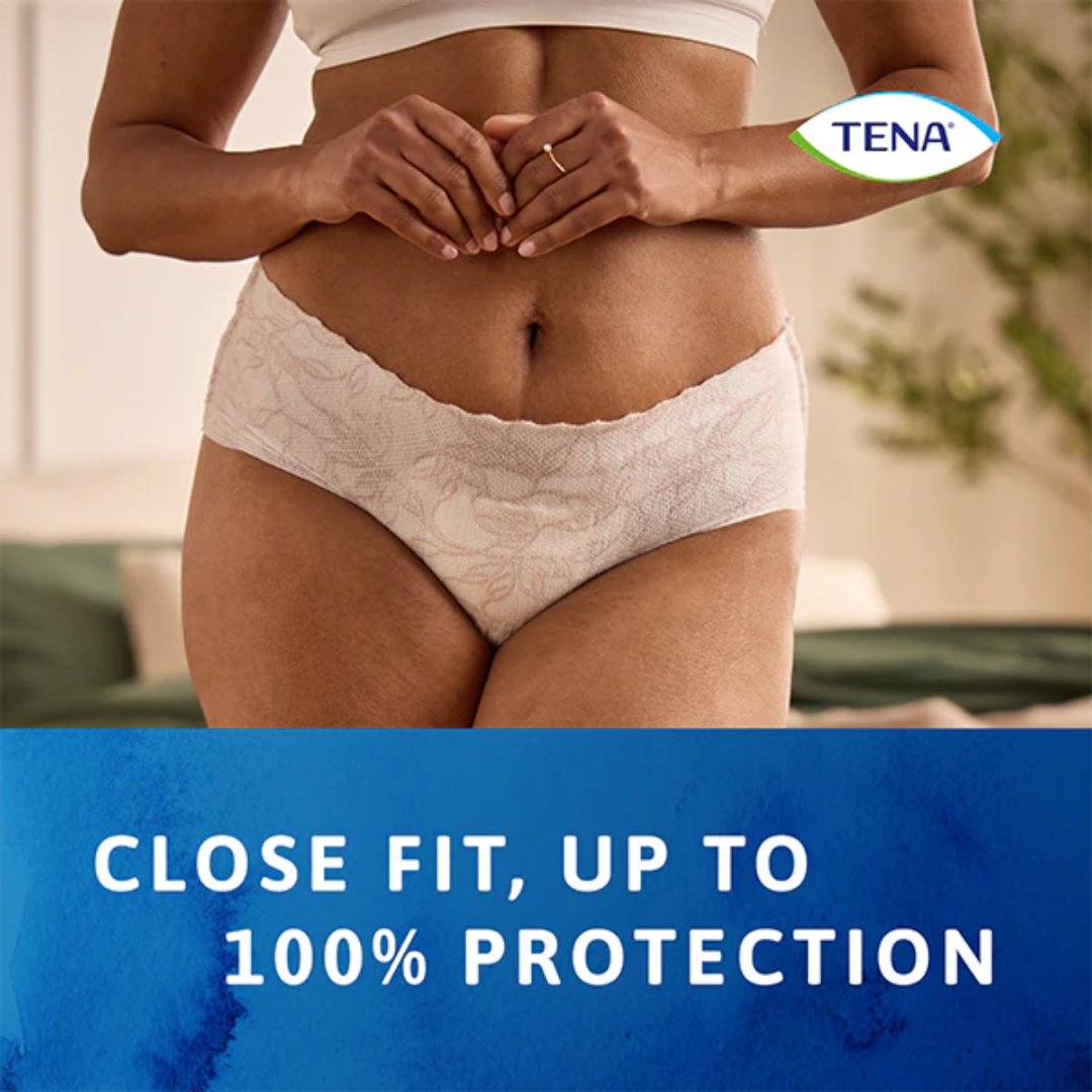 TENA Discreet Low Waist Medium Pants – low-rise, absorbent incontinence underwear with a feminine fit and soft, breathable fabric.