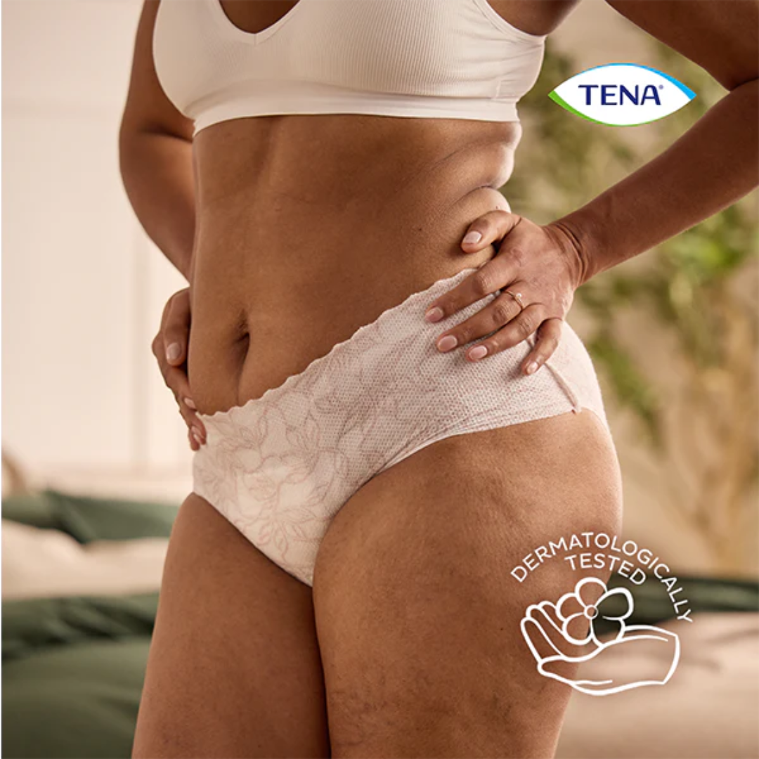 TENA Discreet Low Waist Medium Pants – low-rise, absorbent incontinence underwear with a feminine fit and soft, breathable fabric.