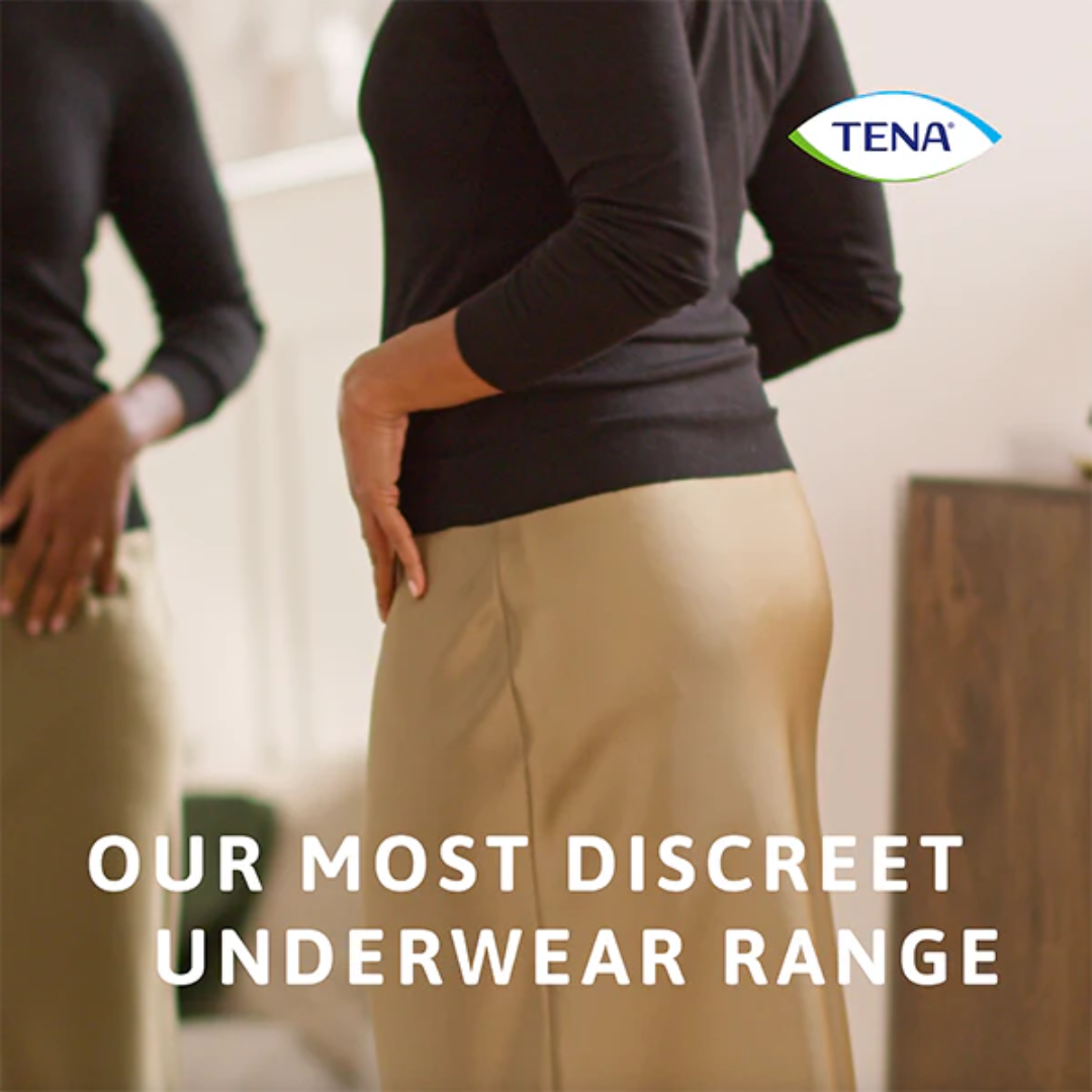 TENA Discreet Low Waist Medium Pants – low-rise, absorbent incontinence underwear with a feminine fit and soft, breathable fabric.