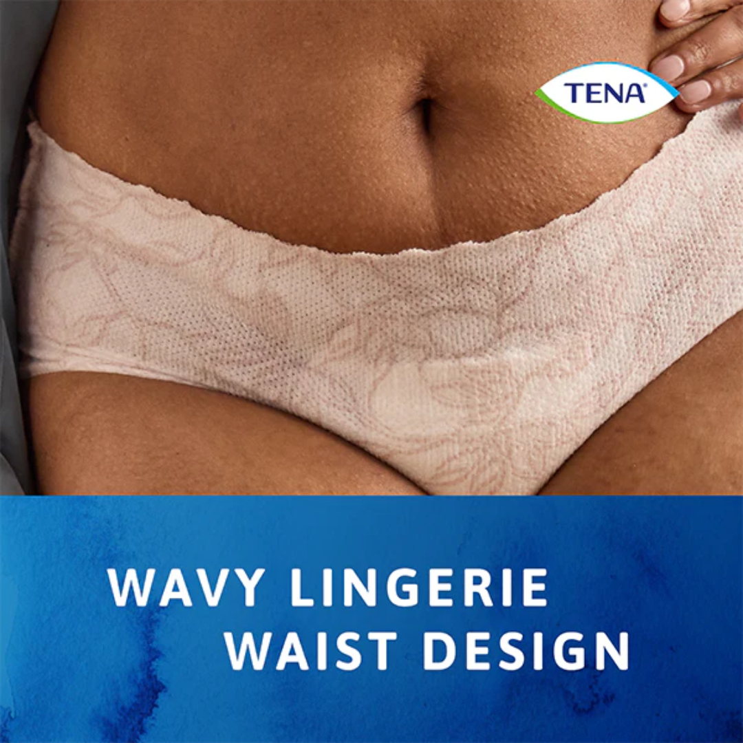 TENA Discreet Low Waist Medium Pants – low-rise, absorbent incontinence underwear with a feminine fit and soft, breathable fabric.
