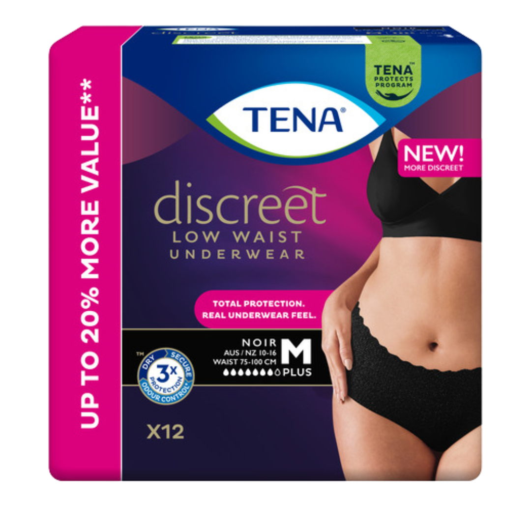 TENA Pants Women Discreet Noir Medium – black, absorbent pull-up incontinence underwear with a feminine fit and soft, breathable fabric.