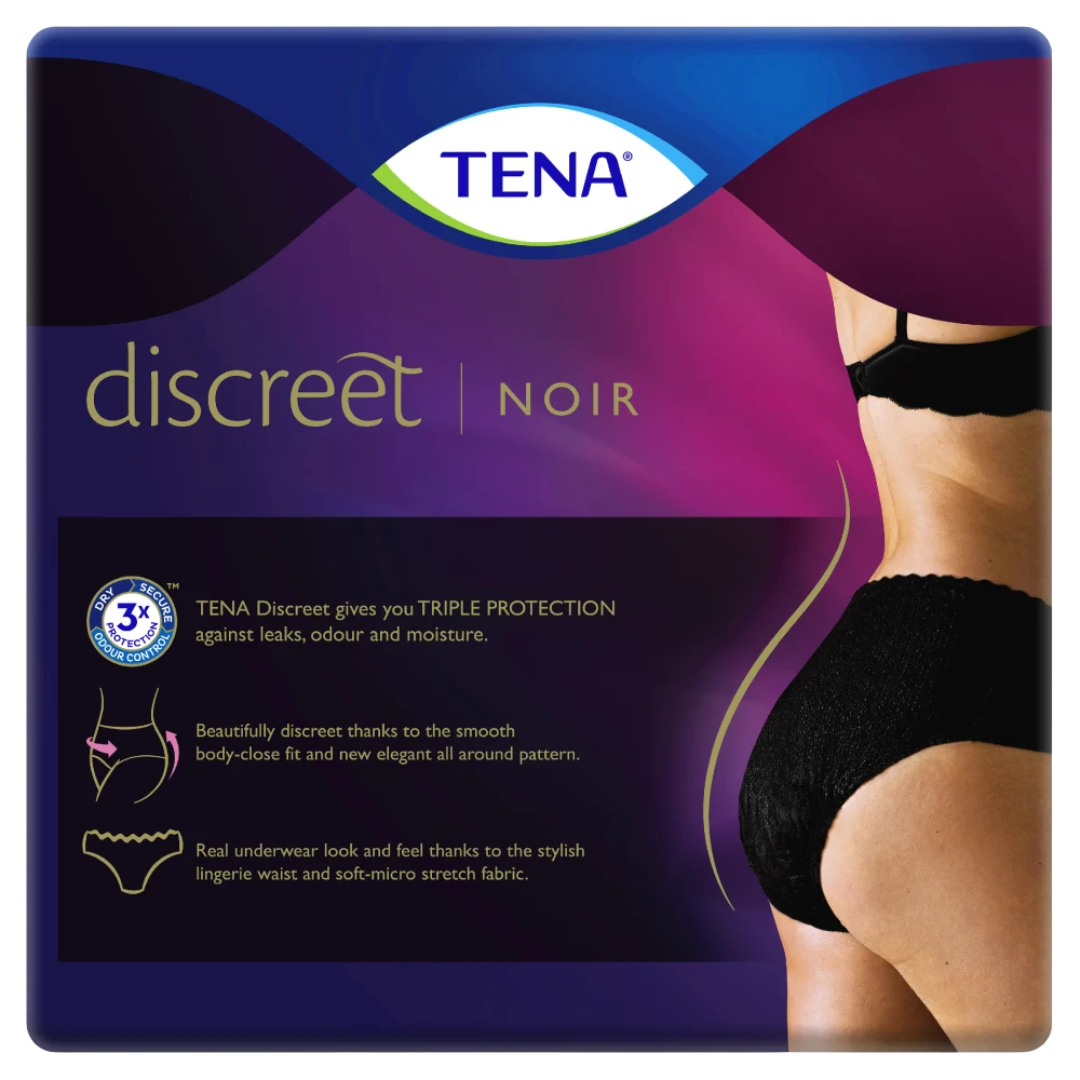 TENA Pants Women Discreet Noir Medium – black, absorbent pull-up incontinence underwear with a feminine fit and soft, breathable fabric.