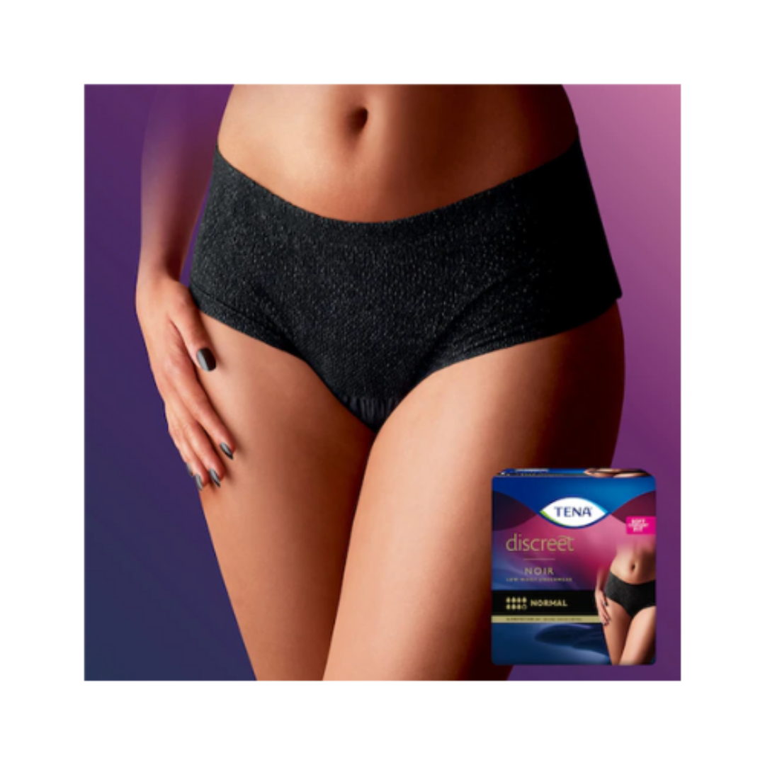 TENA Pants Women Discreet Noir Medium – black, absorbent pull-up incontinence underwear with a feminine fit and soft, breathable fabric.