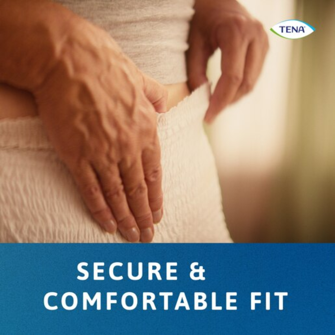 TENA ProSkin Pants Super Large shown in packaging and open view, featuring pull-up design, soft fabric, and high absorbency for heavy incontinence.