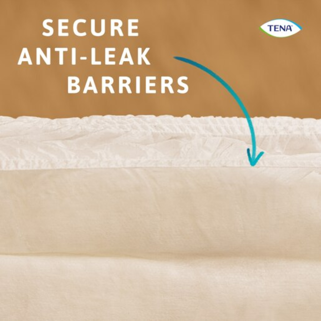 TENA ProSkin Pants Super Large shown in packaging and open view, featuring pull-up design, soft fabric, and high absorbency for heavy incontinence.