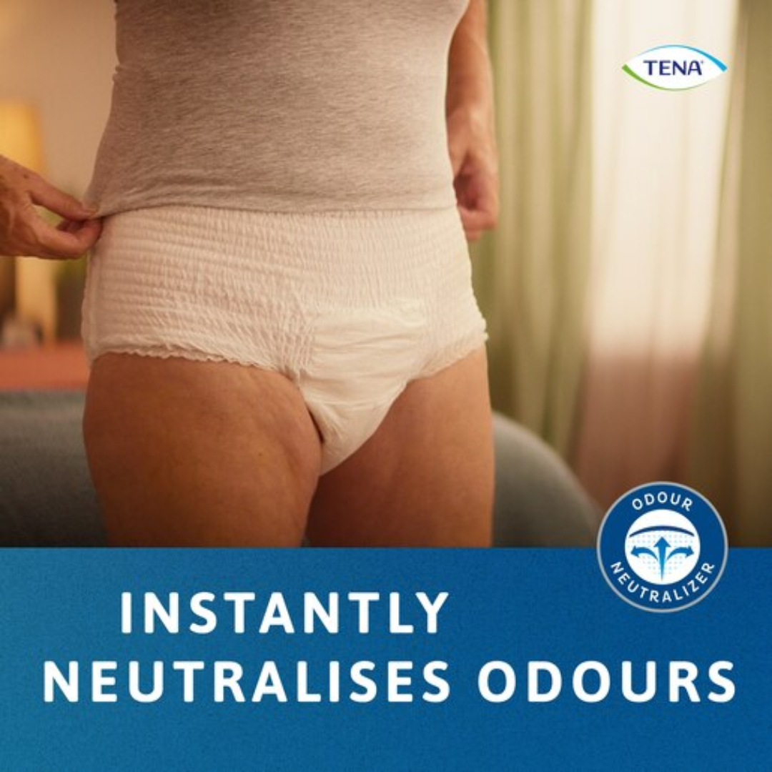 TENA ProSkin Pants Super Large shown in packaging and open view, featuring pull-up design, soft fabric, and high absorbency for heavy incontinence.