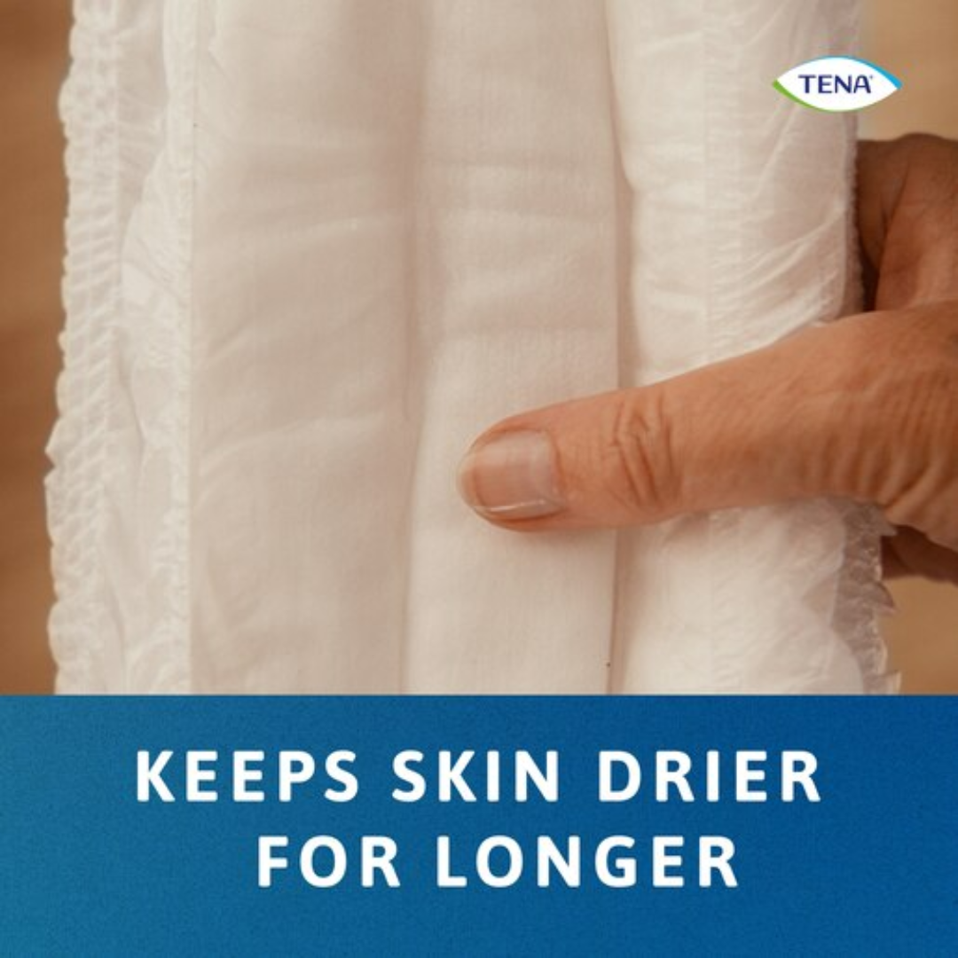 TENA ProSkin Pants Super Large shown in packaging and open view, featuring pull-up design, soft fabric, and high absorbency for heavy incontinence.
