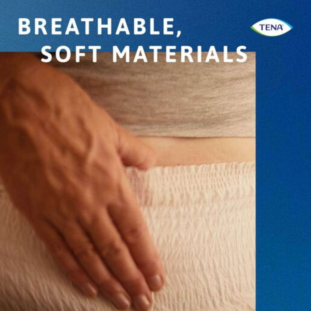 TENA ProSkin Pants Super Large shown in packaging and open view, featuring pull-up design, soft fabric, and high absorbency for heavy incontinence.