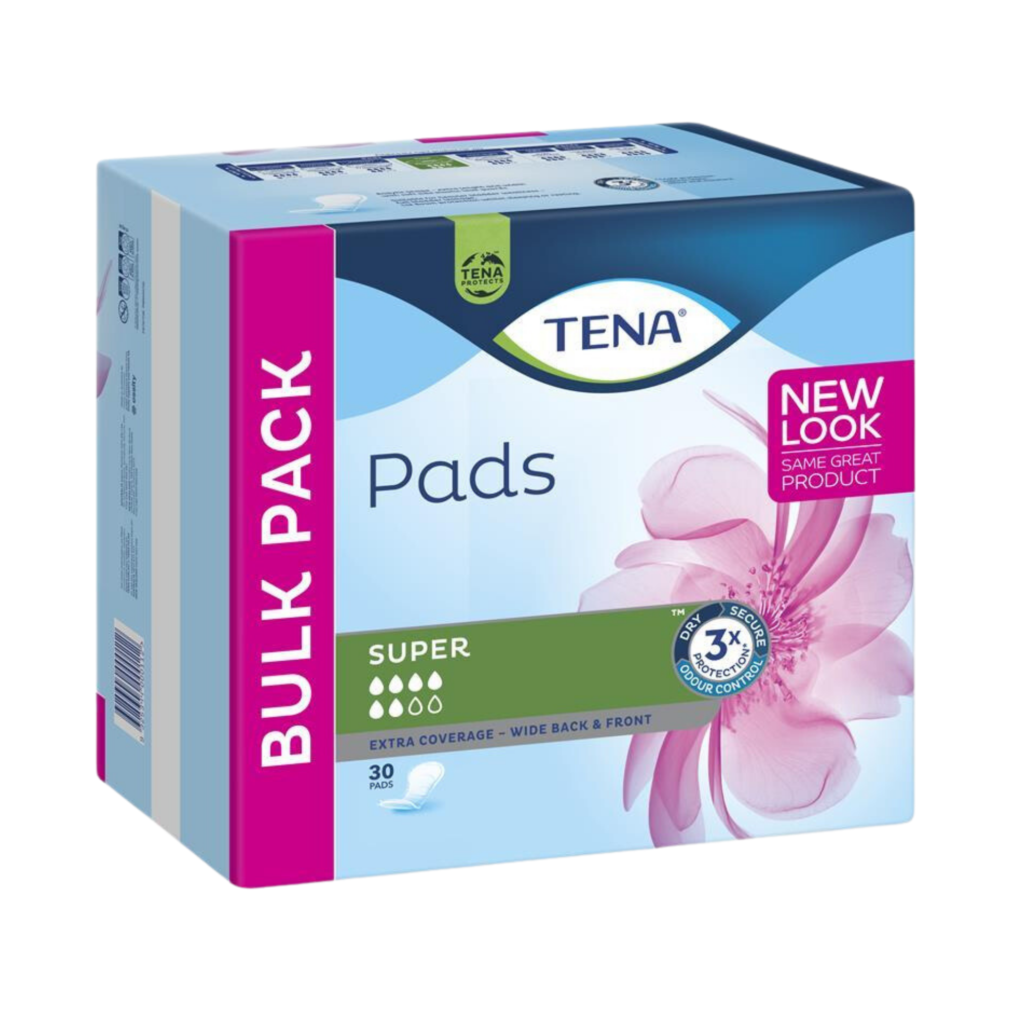 Packaging for Tena Pads Super with product visible through a cut-out window, featuring a floral design and product information.