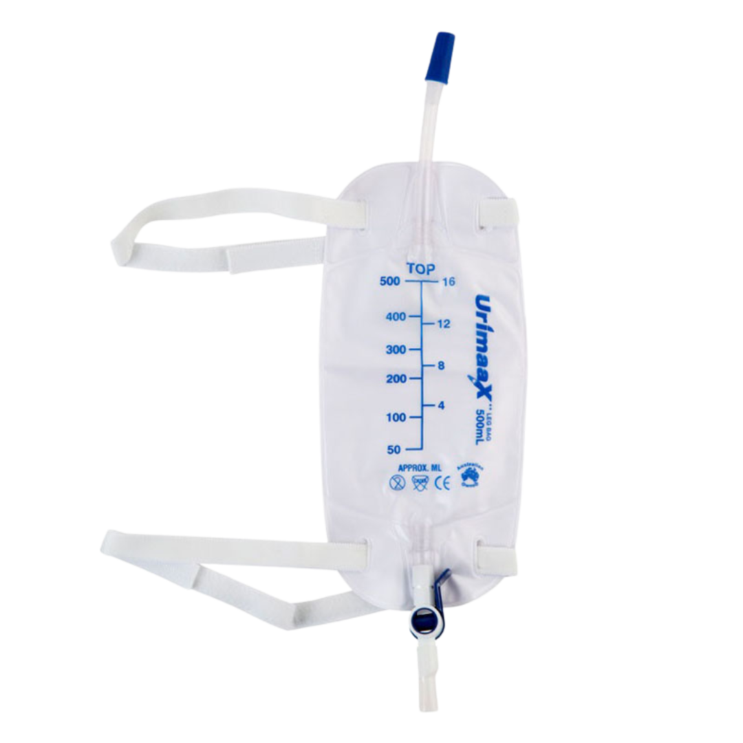 Urimaax 500ml sterile leg drainage bag with 10cm tubing for discreet and hygienic urinary management.