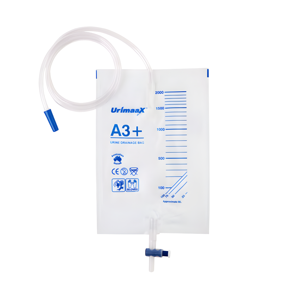 Urimaax Drainage Bag B/Drain T-Bar A3 2000ml sterile urinary drainage bag with T-Bar valve.