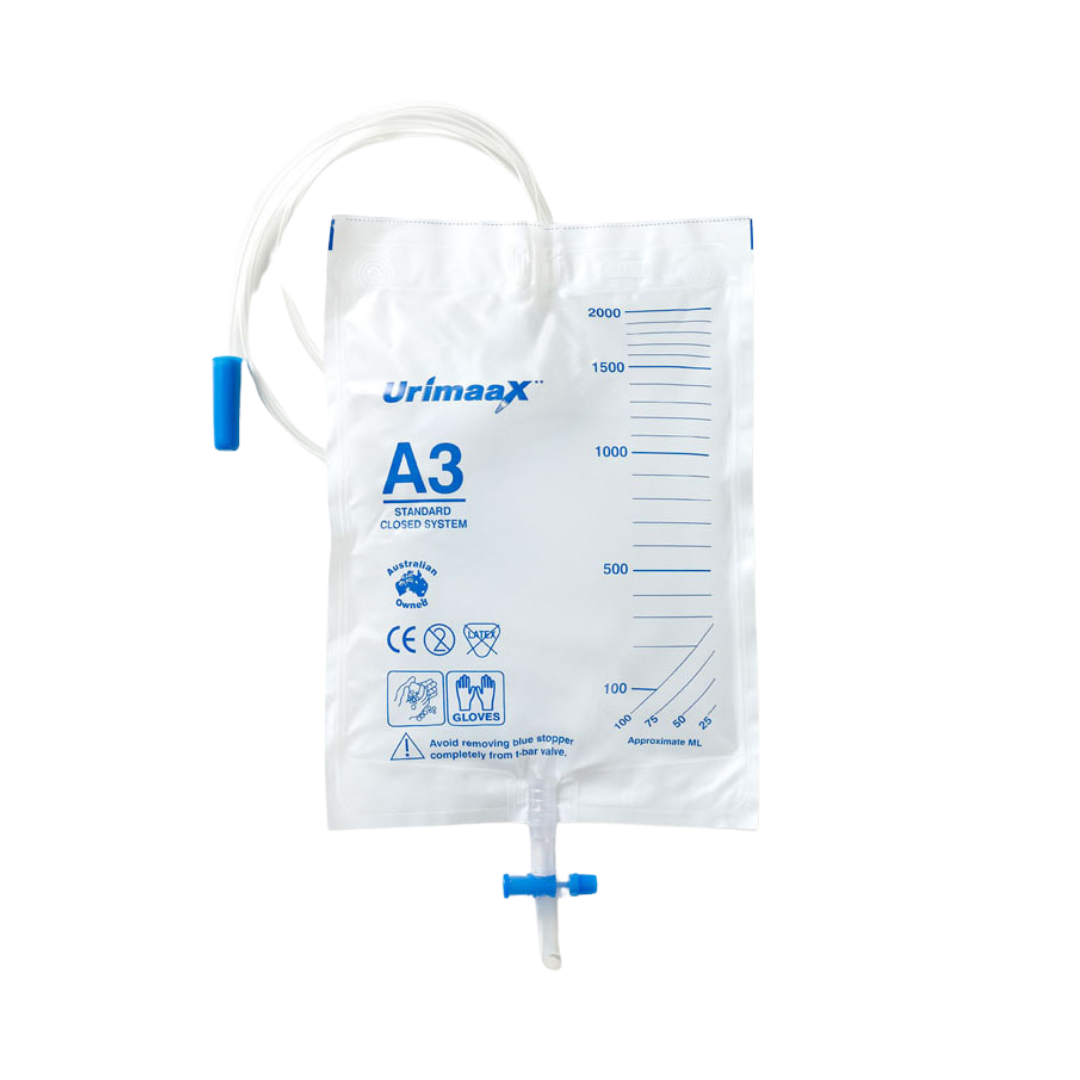 Urimaax Drainage Bag B/Drain T-Bar A3 2000ml sterile urinary drainage bag with T-Bar valve.